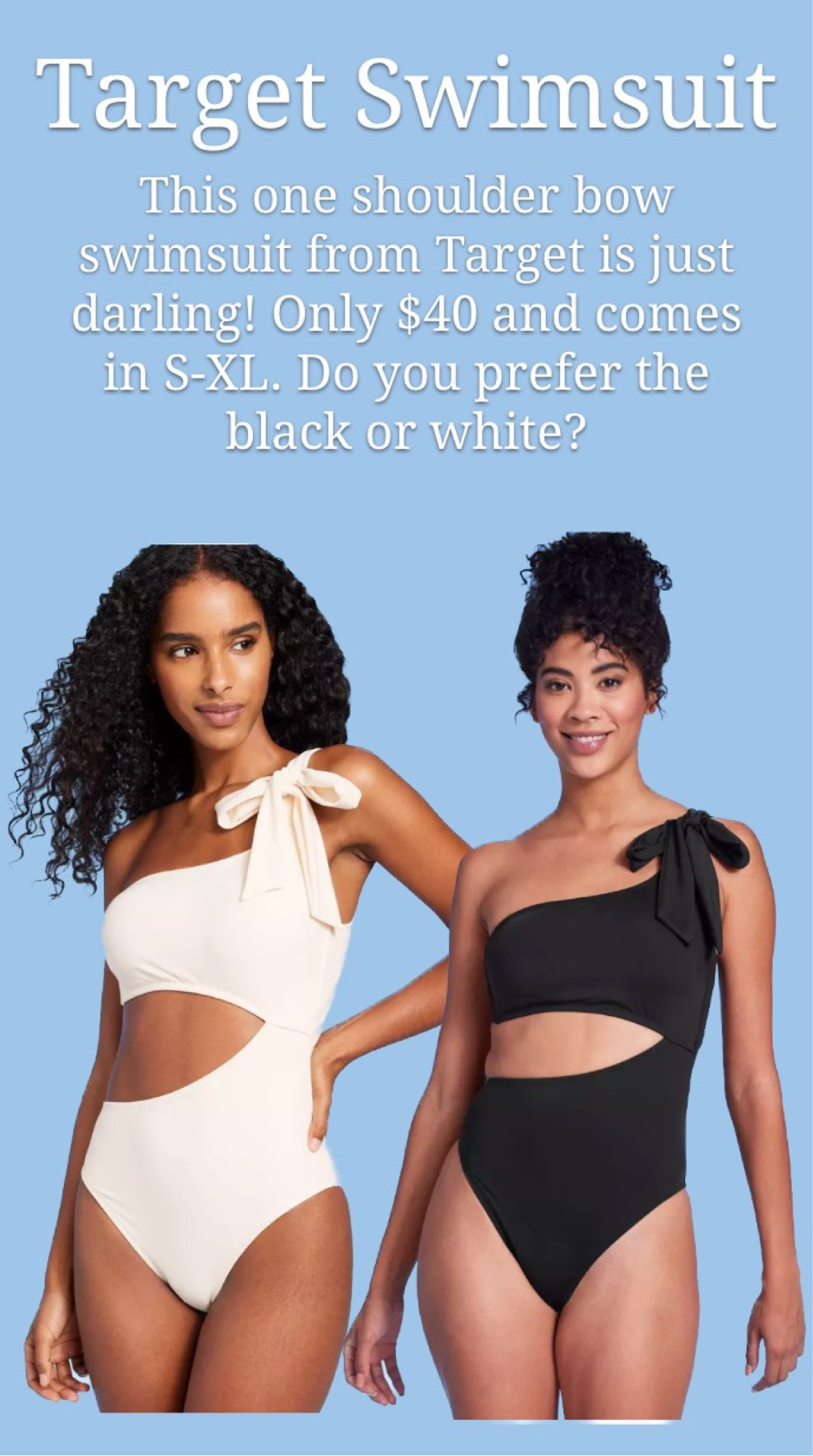 This bow swimsuit from Target is so cute, and has amazing reviews! I can’t believe it’s under $50! Only $40 and comes in S-XL. Black swimsuit, white swimsuit, one piece swimsuit, cut out swimsuit, one shoulder swimsuit, beach look, beach vacation, beach trip, beat swimsuit, vacation look, travel look, swimsuit under $50, swimsuit under $100, target finds, target new arrivals #competition 

#LTKswim #LTKtravel #LTKSeasonal