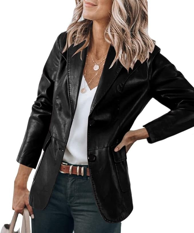 Danedvi Women's Fashion Faux PU Leather Moto Biker Jacket Slim Coat Casual Lapel Blazer Suit Long... | Amazon (US)