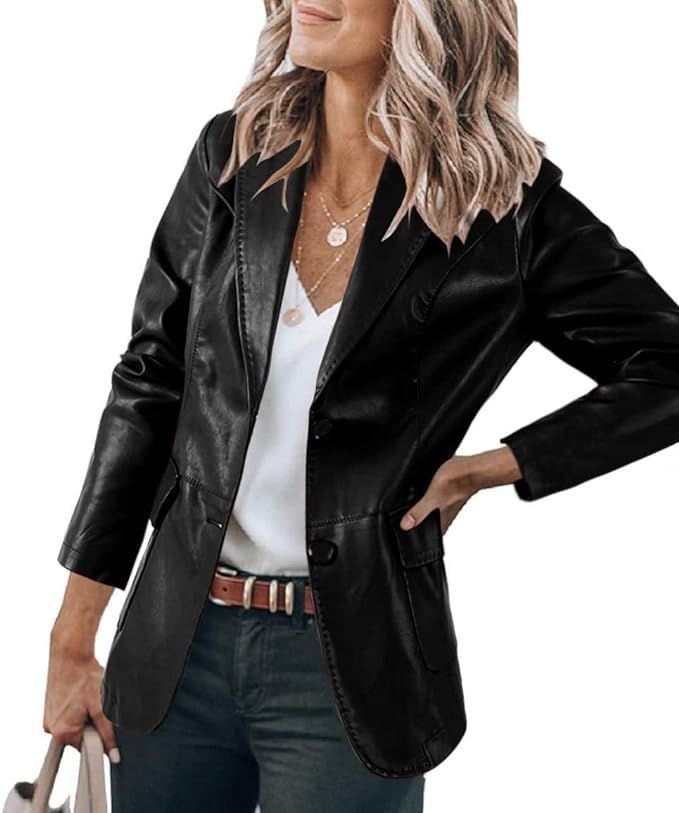 Danedvi Women's Fashion Faux PU Leather Moto Biker Jacket Slim Coat Casual Lapel Blazer Suit Long... | Amazon (US)