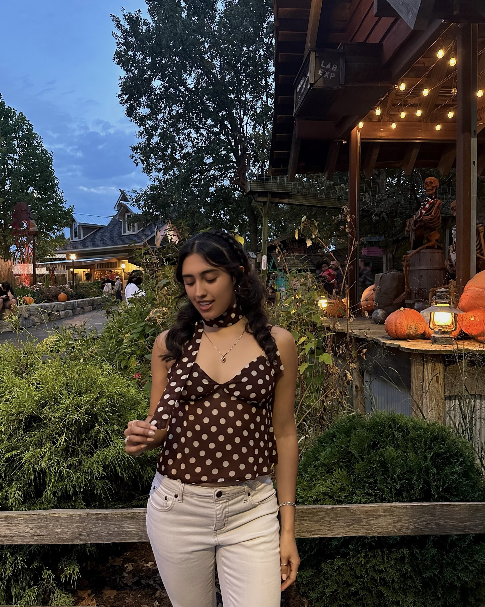 CHIFFON SWEETHEART POLKA DOT CROP CAMI TOP WITH SCARF FALL BROWN OUTFITS V NECK

#LTKHalloween #LTKPetite #LTKSeasonal