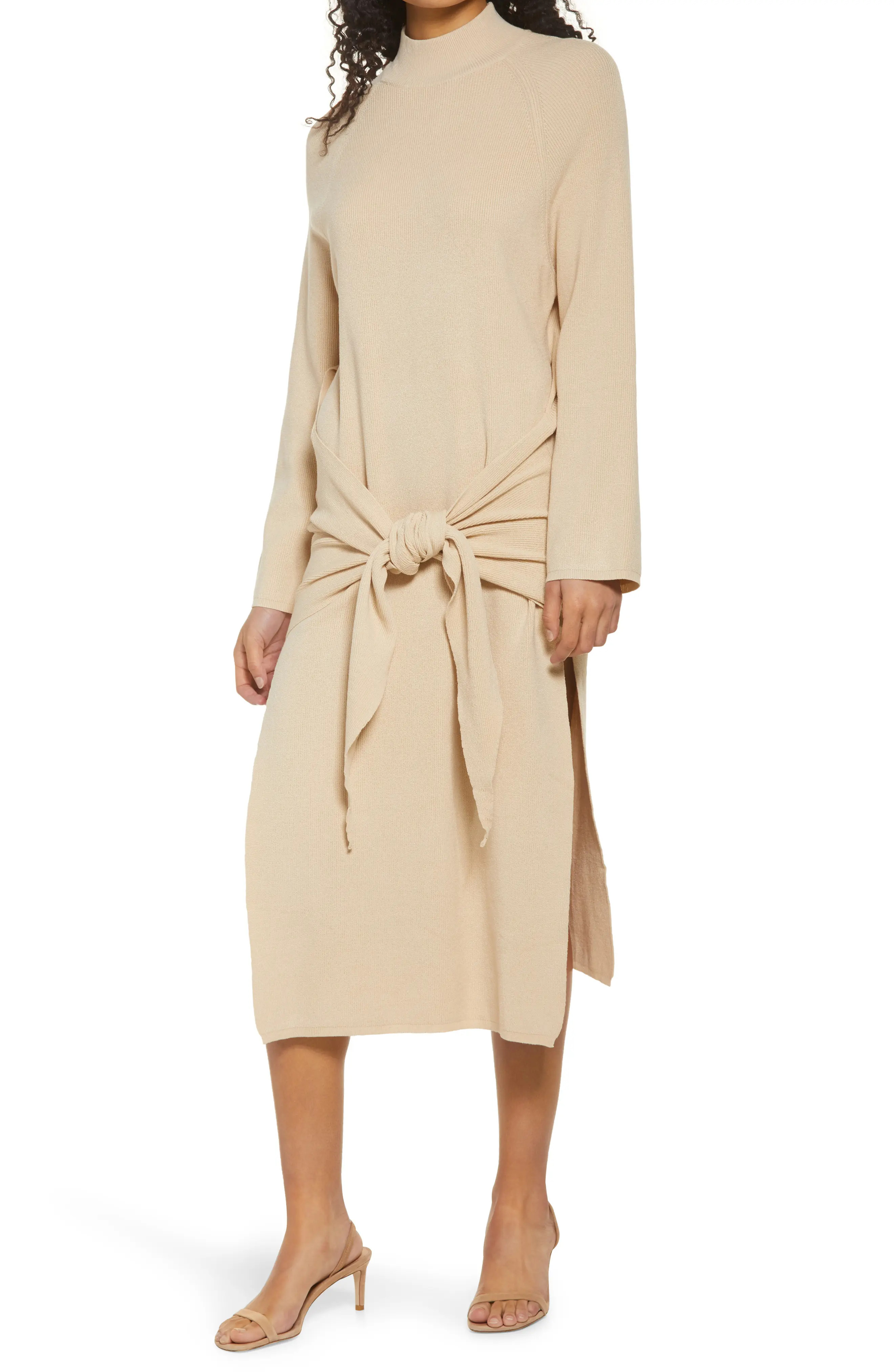 Women's Sndys Tied Up Ribbed Long Sleeve Midi Sweater Dress, Size X-Large - Beige | Nordstrom