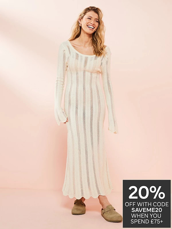 V by Very Crochet Long Sleeve Maxi Dress - Cream | Very (UK)