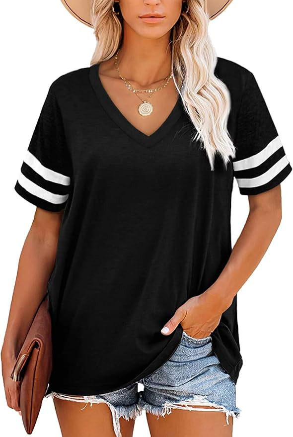 Angerella Summer Tops for Women Casual V Neck T Shirts Short Sleeve Tunic Tops Loose Fit | Amazon (US)