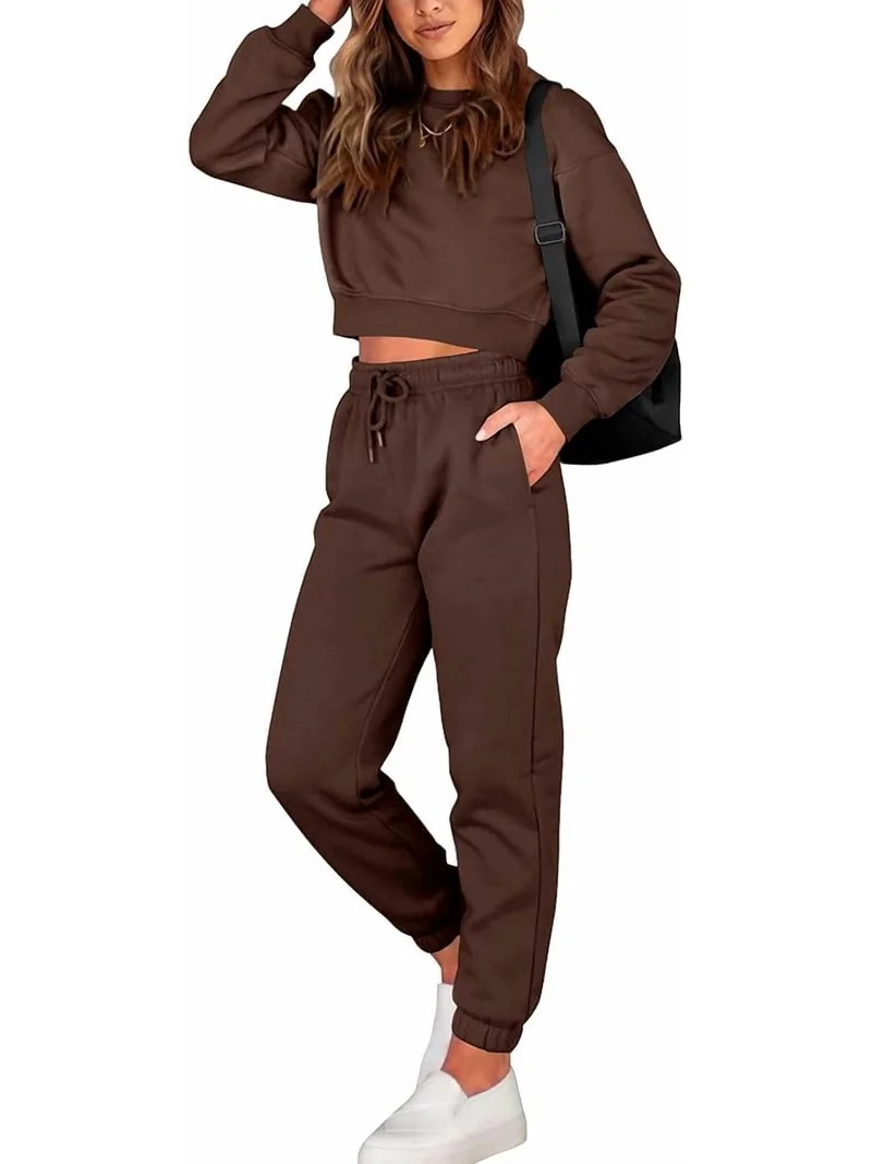 BTFBM Women 2 Piece Outfits Long Sleeve Crop Top Pullover Drawstring Pant Jogger Set Casual Sweat... | Walmart (US)
