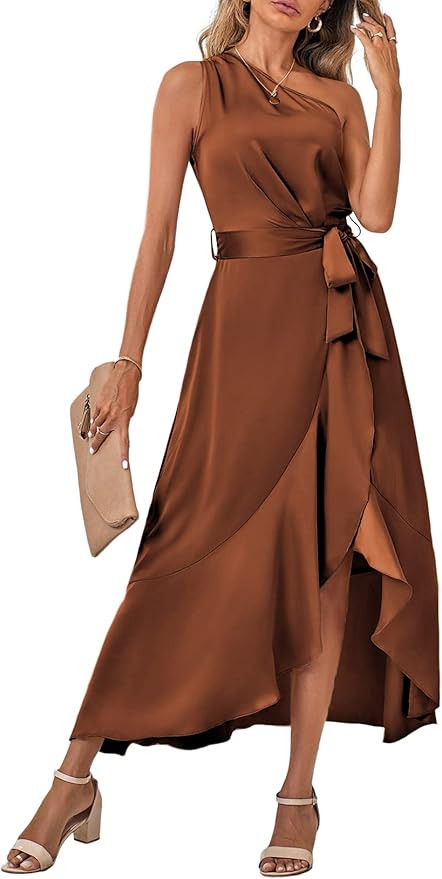 Vrtige Women's Satin One Shoulder Tie Waist Sleeveless Wrap Ruffle Hem Cocktail Midi Dress | Amazon (US)