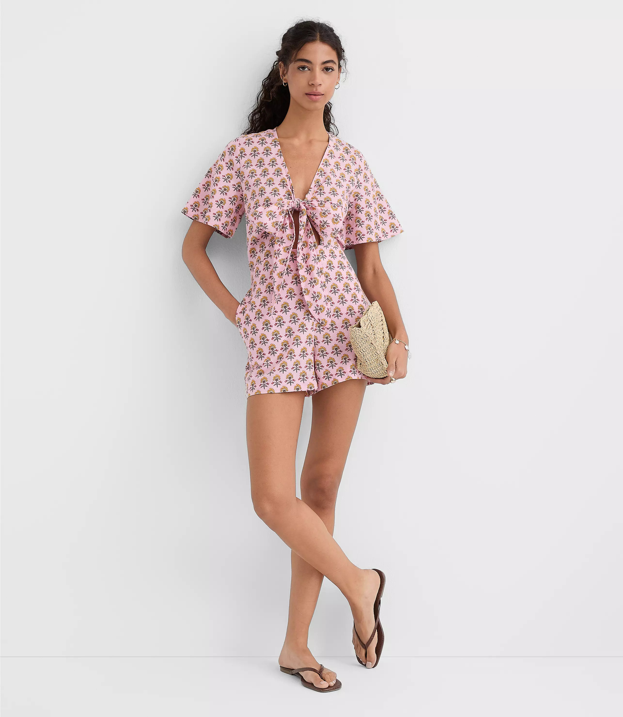 Petite LOFT Beach Garden Tie Front Linen Cotton Romper | LOFT