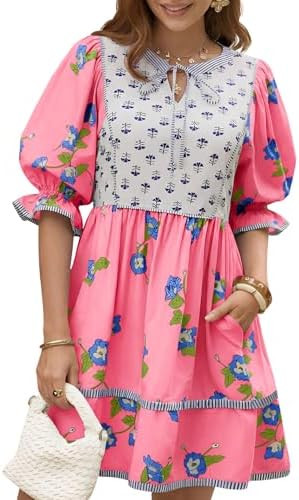 Wenrine Womens Casual Floral Mini Dress Summer Puff Short Sleeve Tie Front V Neck Patchwork Loose... | Amazon (US)