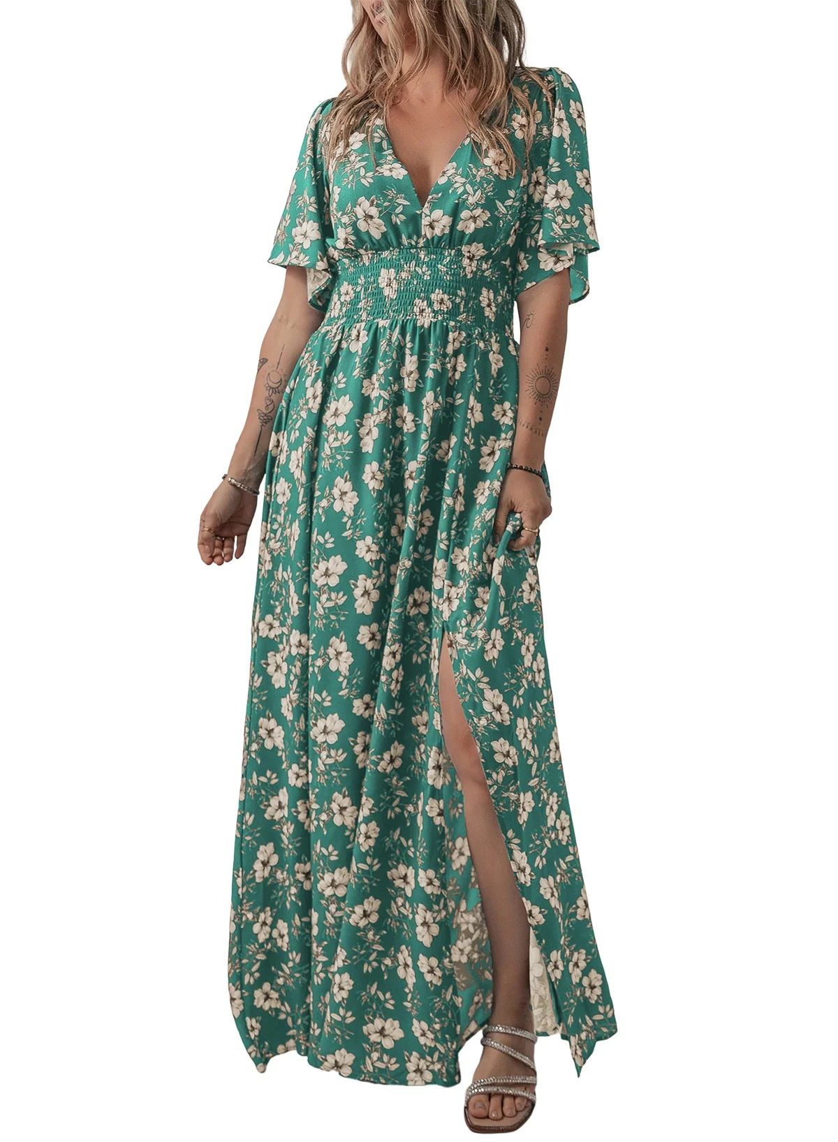 Dokotoo Womens Maxi Dresses Plunge V Neckline Flutter Sleeve Boho Dresses Side Slit Summer Dresse... | Walmart (US)