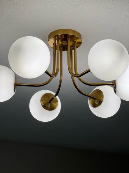 Loving our new brushed gold globe semi-flush light. Boho light fixtures | Modern lighting | Midcentury Semi-flush chandelier

#LTKhome