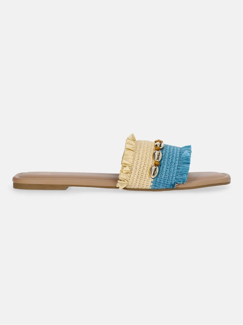 Time and Tru Women's Raffia Shell Slide Sandals - Walmart.com | Walmart (US)