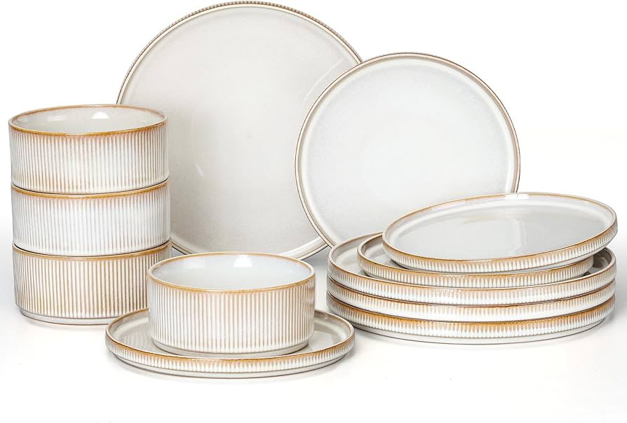 E-far 12-Piece Plates and Bowls Sets, Stoneware Dinnerware Dishes Sets for 4, Kitchen Modern Dini... | Amazon (US)