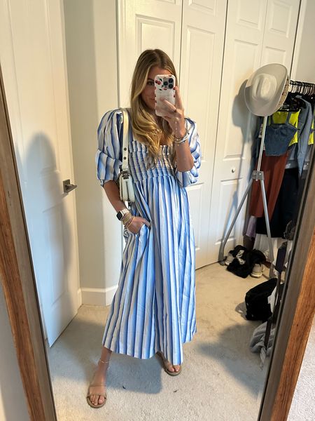 Ganni Silver Lake Blue Stripe Cotton Open-neck Smock Long Dress. Rent the runway code SLOANERTR. Jewelry. Earring. Electric Picks. JW PEI bag. Tkees sandals. #outfit #fashion #style #ootd #ootn #outfitoftheday #fashionstyle  #outfitinspiration #outfitinspo #tryon #tryonhaul#lookbook #outfitideas #currentlywearing #styleinspo #outfitinspiration outfit, outfit of the day, outfit inspo, outfit ideas, styling, try on, fashion, affordable fashion.

#LTKparties #LTKstyletip #LTKfindsunder100