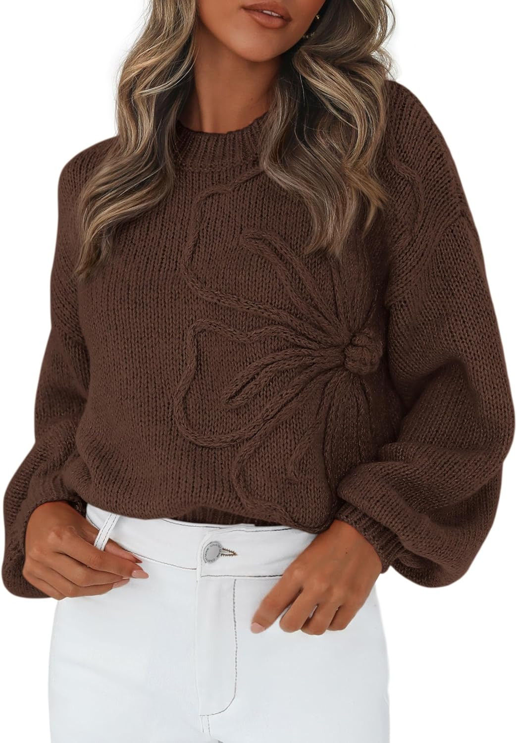 PRETTYGARDEN Women's Oversized 3D Floral Knit Sweater | Amazon (US)
