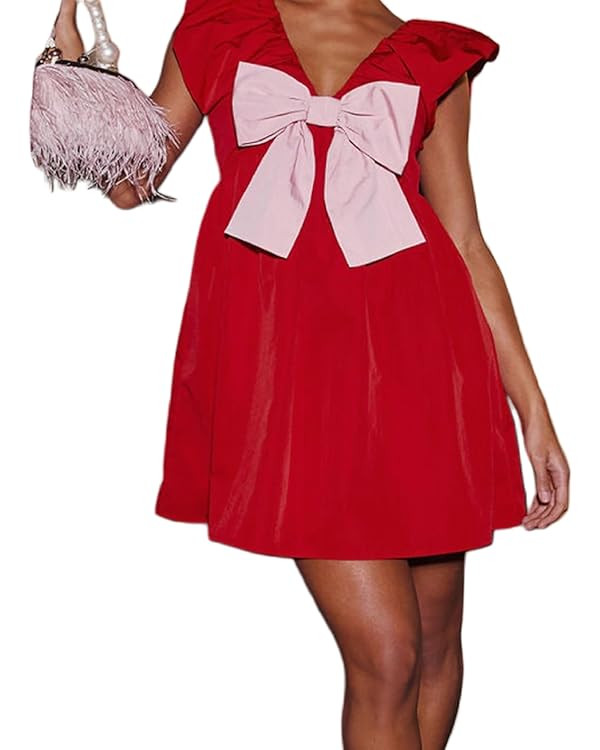 Muineobuka Women Bow Front Mini Dress Fly Sleeve V-Neck Backless Smocked Bowknot A-Line Holiday V... | Amazon (US)