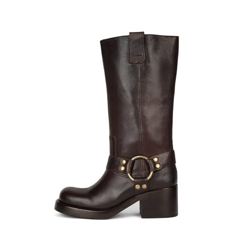 GTBINGGO Women's Knee High Riding Boots Round Toe Block Heel Fashion Motorcycle Booties Side Zipper Biker Riding Boots with Studs Brown Size US10.5 | Amazon (US)