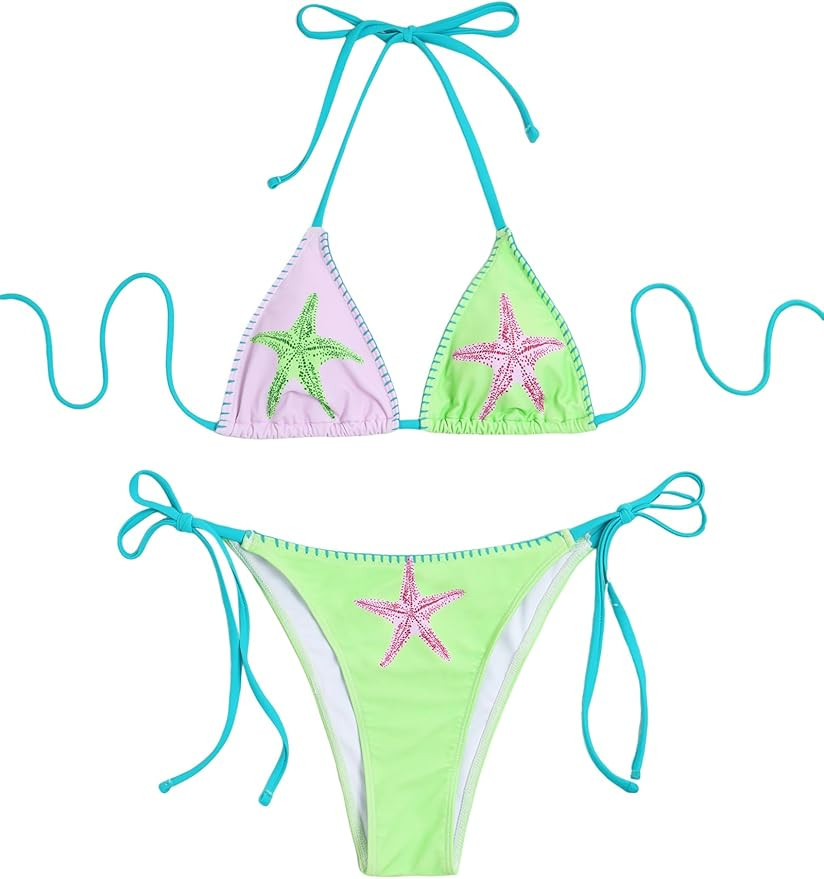 ZAFUL Womens Printed Triangle Bikinis 2 Piece Halter Bikini Sets High Cut Bathing Suit Side Tie S... | Amazon (US)