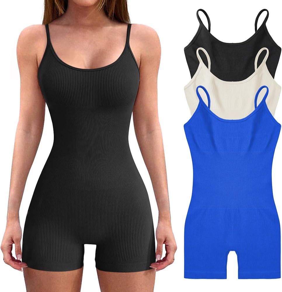 3pcs Women’s Bodysuit Yoga Workout Romper One Piece Outfits Ribbed Sleeveless Going Out Bodycon... | Amazon (US)