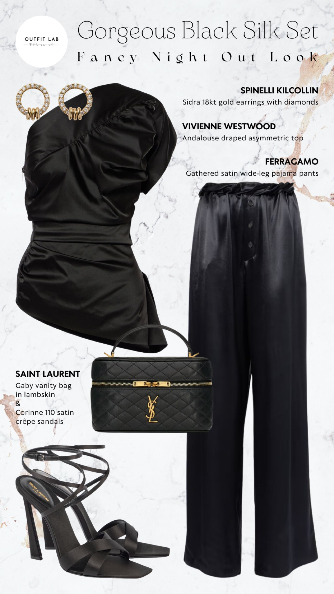 Gorgeous Black Silk Set: Fancy Night Out Look – Shop Now!

Step out in style with this gorgeous black silk set, perfect for a fancy night out. Featuring a stunning Vivienne Westwood top paired with sleek Ferragamo pants for an effortlessly chic look. Complete the ensemble with elegant Saint Laurent sandals and vanity bag, and add a touch of glamour with Spinelli Kilcollin earrings. This outfit exudes luxury and sophistication, making it ideal for any upscale evening. Shop now to elevate your night out wardrobe!

#LTKStyleTip #LTKSeasonal #LTKParties