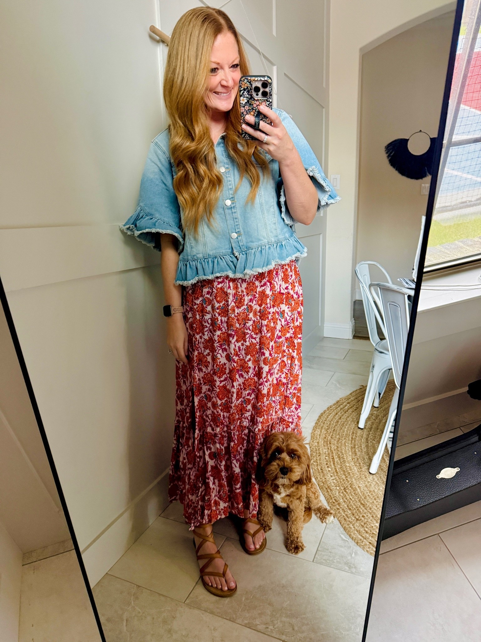 Love this cute little ruffle denim jacket! I'm wearing a S/M

Skirt & sandals are very old