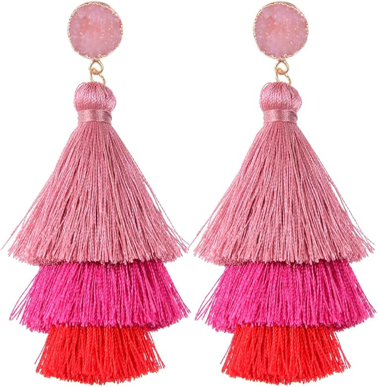 BELMARTI Colorful Christmas Tree Layered Tassel Earrings, Druzy Stud Bohemian Dangle Drop Earring... | Amazon (US)