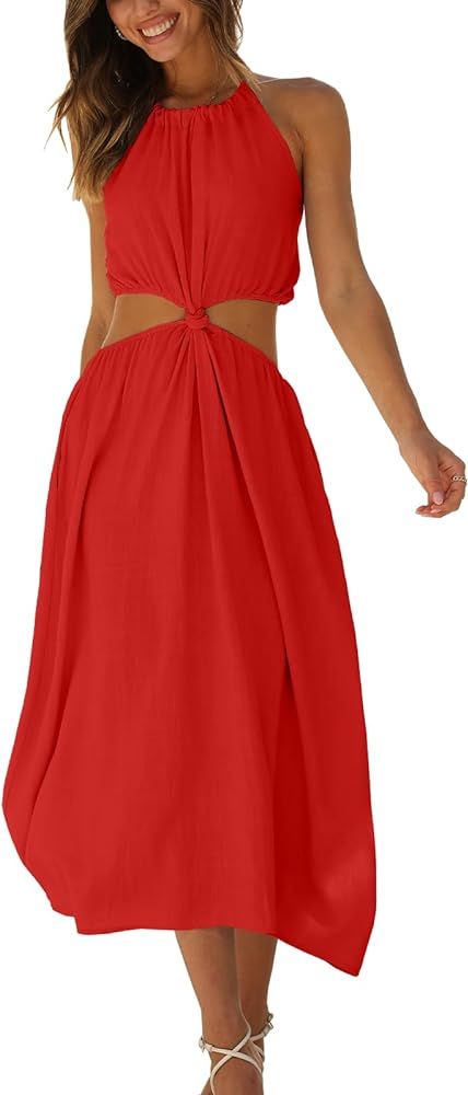 DEEP SELF Women's Summer Midi Dress Sleeveless Halter Neck Long Dress Casul A Line Sun Dresses | Amazon (US)