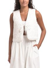 Linen Blend Sleeveless V-neck Tie Front Vest With Eyelet Embroidery | TJ Maxx