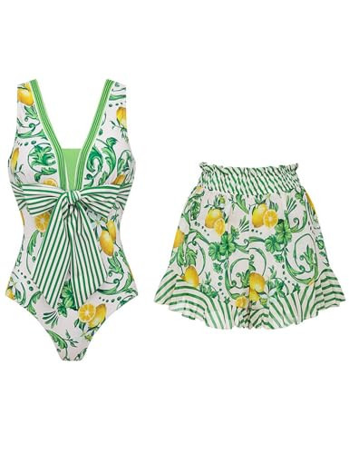 FLAXMAKER Women's One Piece Lemon Pattern V Neck Lace up Bow Tie Swimsuit and Ruffled Layered Skirt/Shorts (US, Alpha, Medium, Regular, Regular, Swimsuit and Shorts) | Amazon (US)