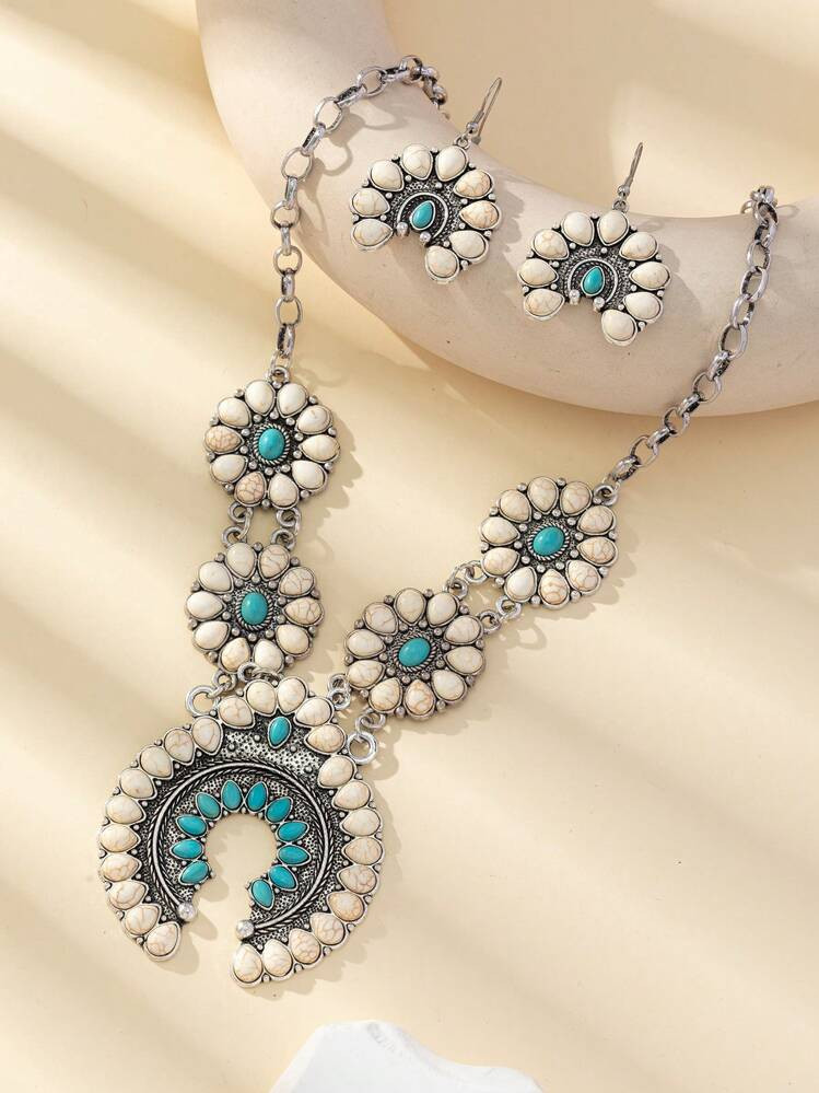 3pcs/Set Vintage Bohemian Turquoise Horseshoe Shape Bib Necklace & Stud Earrings For Women Wester... | SHEIN