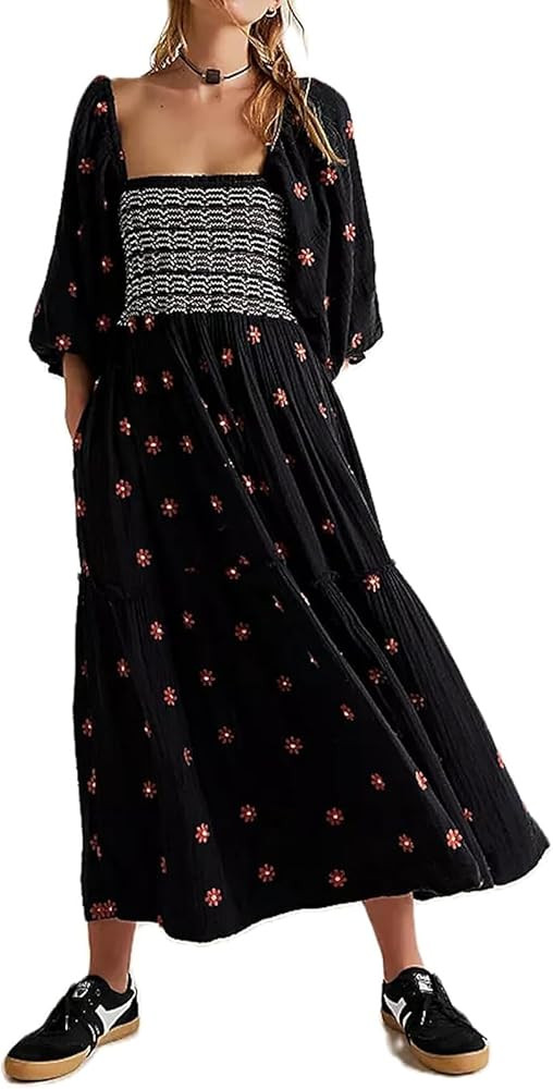 Women Floral Embroidered Maxi Dress Long Puff Sleeve Square Neck Bohemian Flowy Dress with Pocket... | Amazon (US)