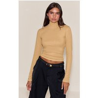 Stone Soft Rib High Neck Fitted Long Sleeved Top | PrettyLittleThing US