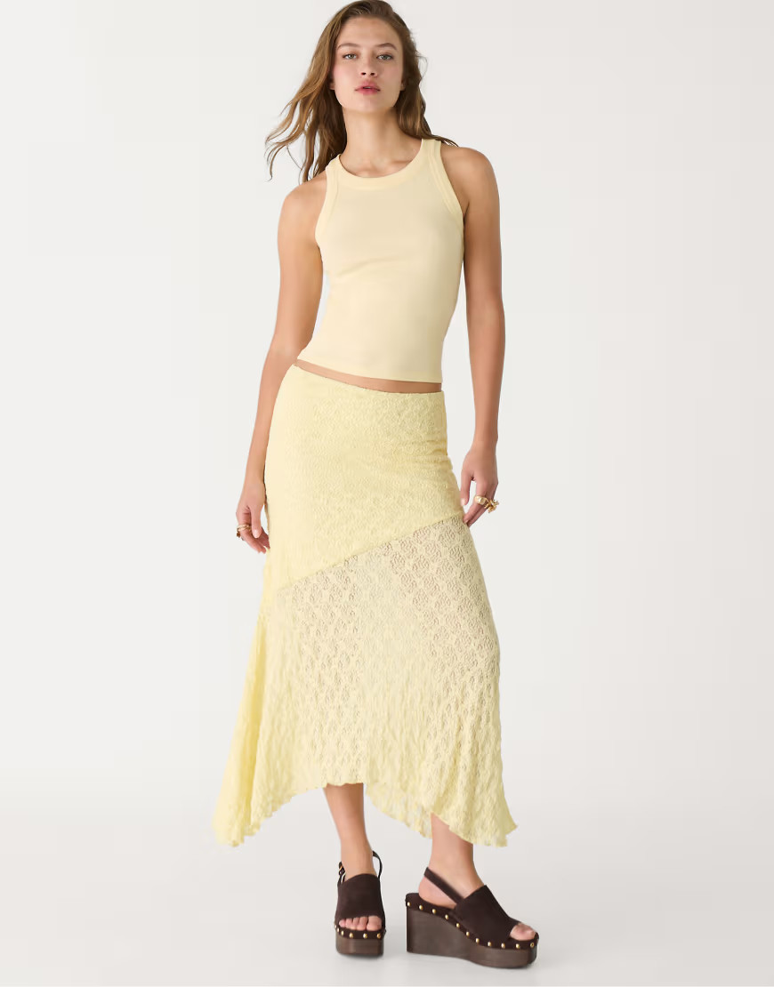 Stradivarius lace midi skirt in pastel yellow | ASOS (Global)