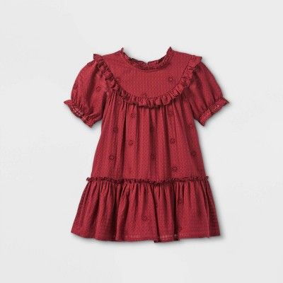 Toddler Girls&#39; Embroidered Short Sleeve Dress - Cat &#38; Jack&#8482; Burgundy 12M | Target