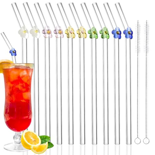 Glass Straws Reusable Drinking Clear Glass Straw Set of 10 with 2 Cleaning Brushes 10 Straw Covers Cute Colorful Flower Design Glass Straws for Smoothie Cocktail Bar Accessories Juice | Amazon (US)