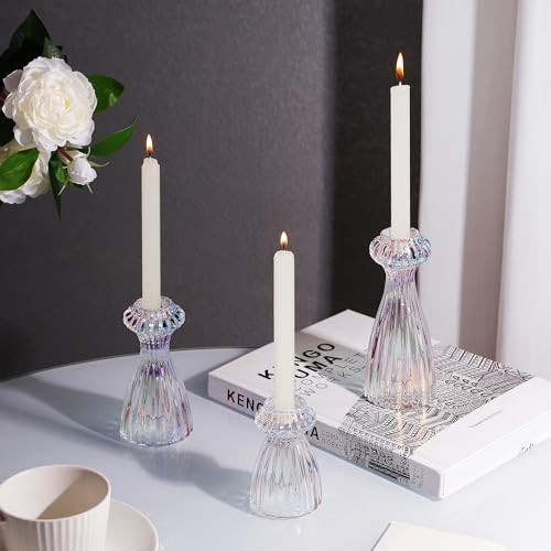 Lysenn Glass Candle Stick Holder Set of 3 – Premium Taper Candle Holders for Romantic Ambiance - Candle Sticks Holder Decor for Special Occasions - Iridescent | Amazon (US)