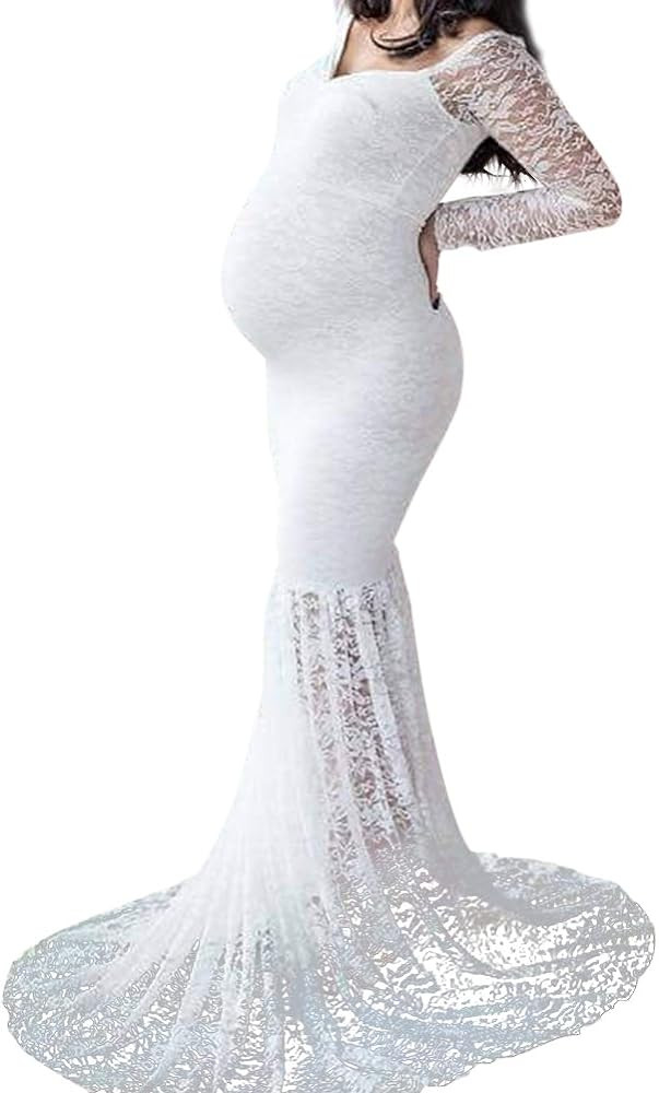 Pregnant Women Mermaid Long Maxi Off Shoulder Gown Photo Shoot Maternity V Neck Lace Dress Baby S... | Amazon (US)