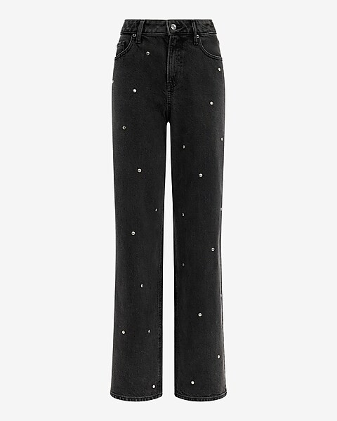 High Waisted Black Wash Silver Studded Relaxed Straight Jeans | Express