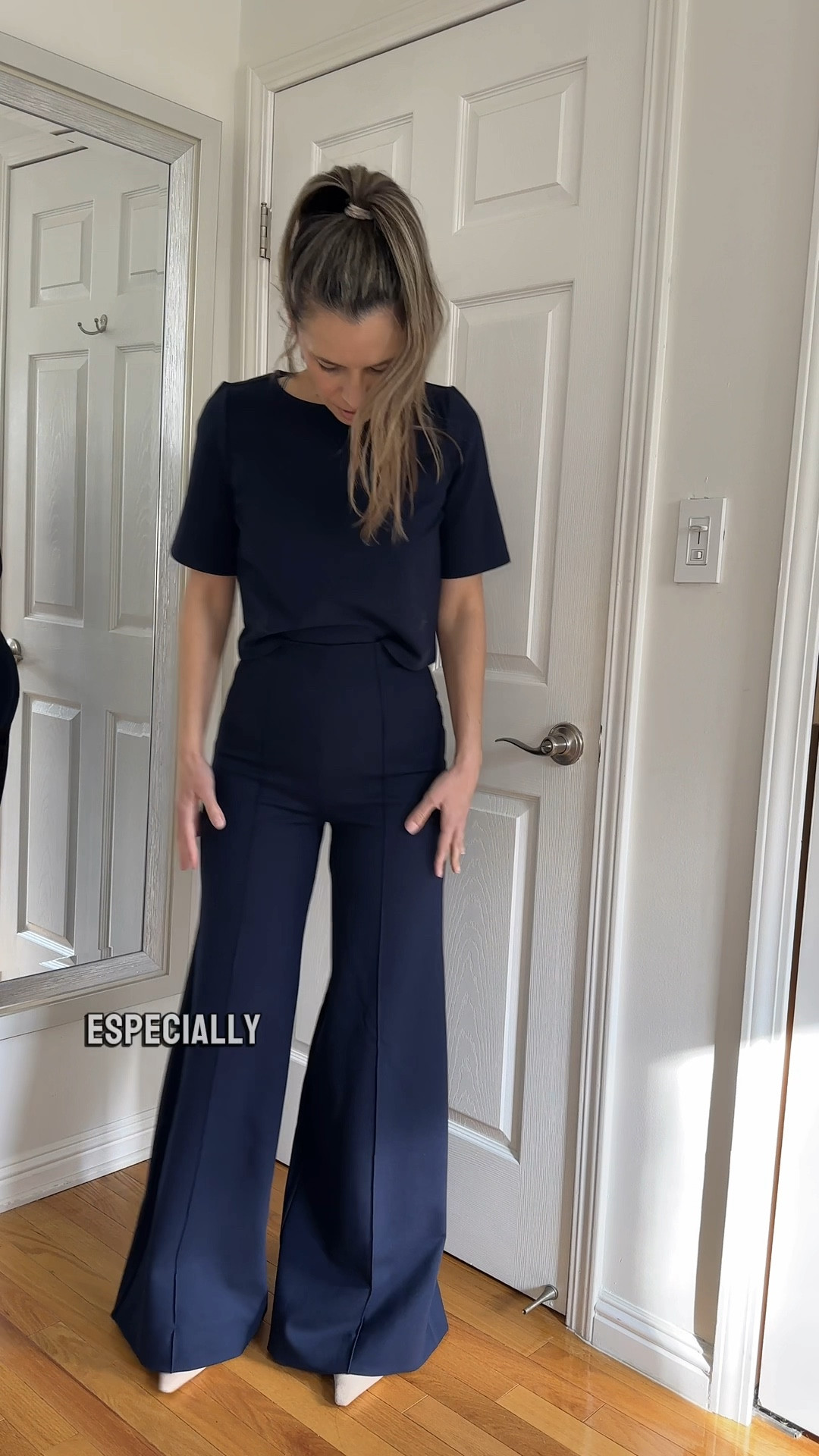 Navy wide leg palazzo pants are size small and true to size. I love this matching navy T-shirt. It looks so elegant and elevated.
I’m 5’5” 122 lbs 
They were  a little long on me but I used hem tape that I also linked and now they are perfect 😊

This would be great outfit for work or vacation outfit or even travel outfit because these navy pants feels like joggers

Camel cardigan is oversized, I’m wearing xs. Love the quality.
I linked very similar from Amazon. That one is just shorter. I recommend to size up for oversized fit, if you’re getting the one from Amazon.
I have both 💕

#LTKMostLoved 

#LTKVideo #LTKover40