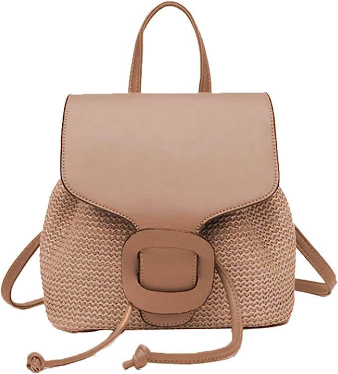 KIKISUM Straw Backpack for Women Bohemia Casual Woven Beach Bag Fashion Traveling Purse (Khaki) | Amazon (US)