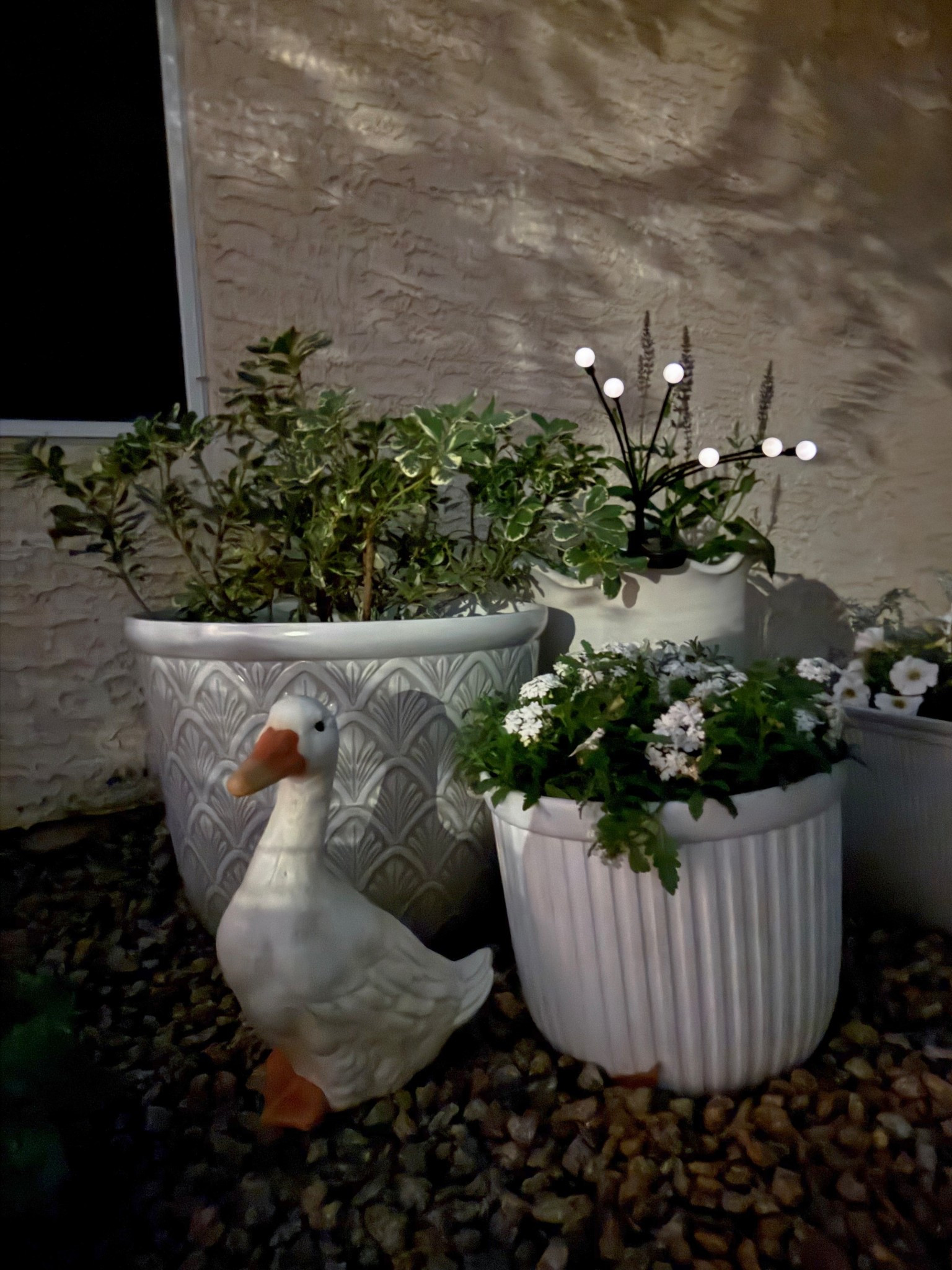 european style container garden featuring white outdoor planters, solar firefly lights and our white duck statue (also perfect for dressing up similar to the infamous white porch goose statue) 

#LTKHome #LTKSeasonal