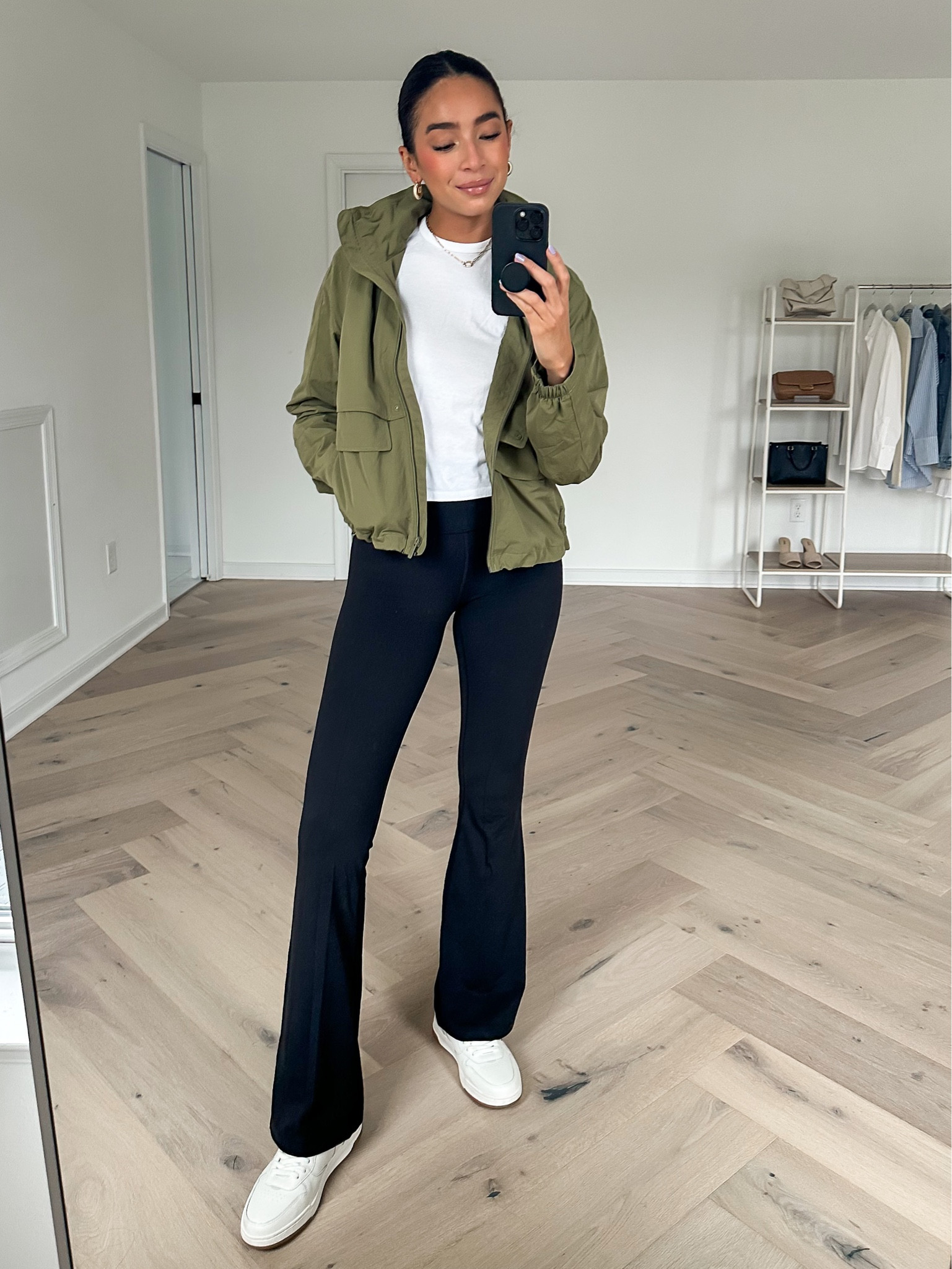 Rainy day athleisure outfit - size 6 spring jacket, size 4 lululemon groove flares, Small Abercrombie tee

#LTKunder100 #LTKtravel #LTKstyletip