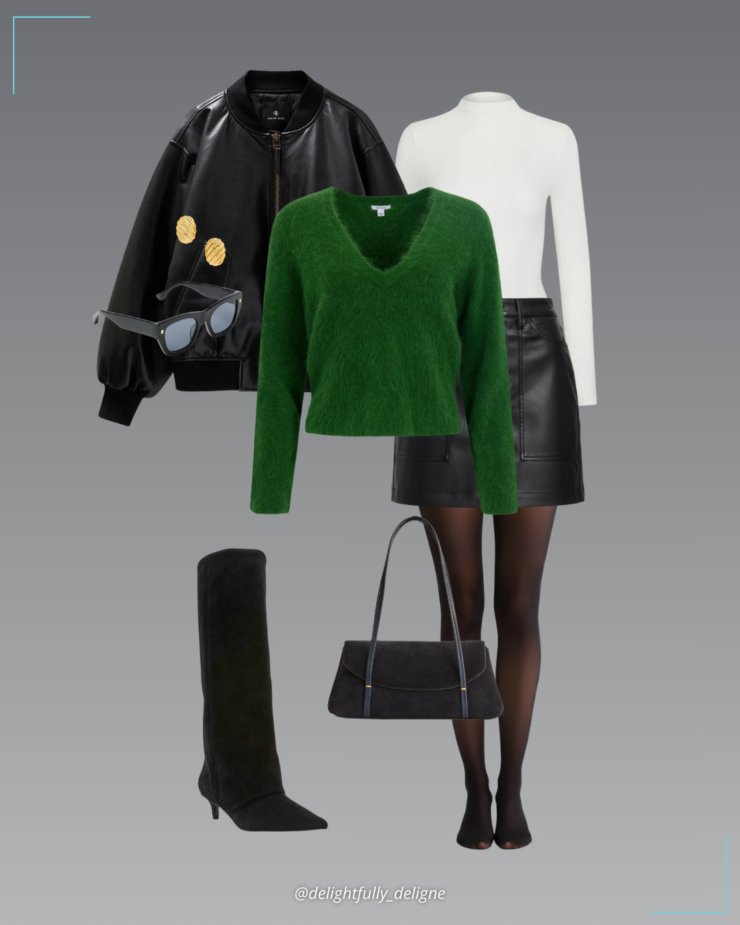 Pistola Utility Cool 💚🖤Skye Utility high-rise mini skirt in Slate Black, Kit V-neck long-sleeve pullover sweater in Wintergreen, Dara long-sleeve funnel neck top in Ecru, black recycled leather bomber jacket, shoulder bag, suede kitten-heel knee-high boots, cat-eye sunglasses, ribbed oval earrings & opaque tights. 

 #LTKgrwm #LTKootd #LTKOver40