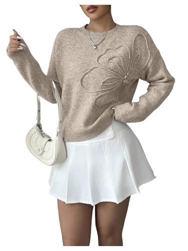 Women's 3D Floral Appliques Crewneck Sweaters Long Sleeve Drop Shoulder Pullovers Elegant Knit To... | Amazon (US)