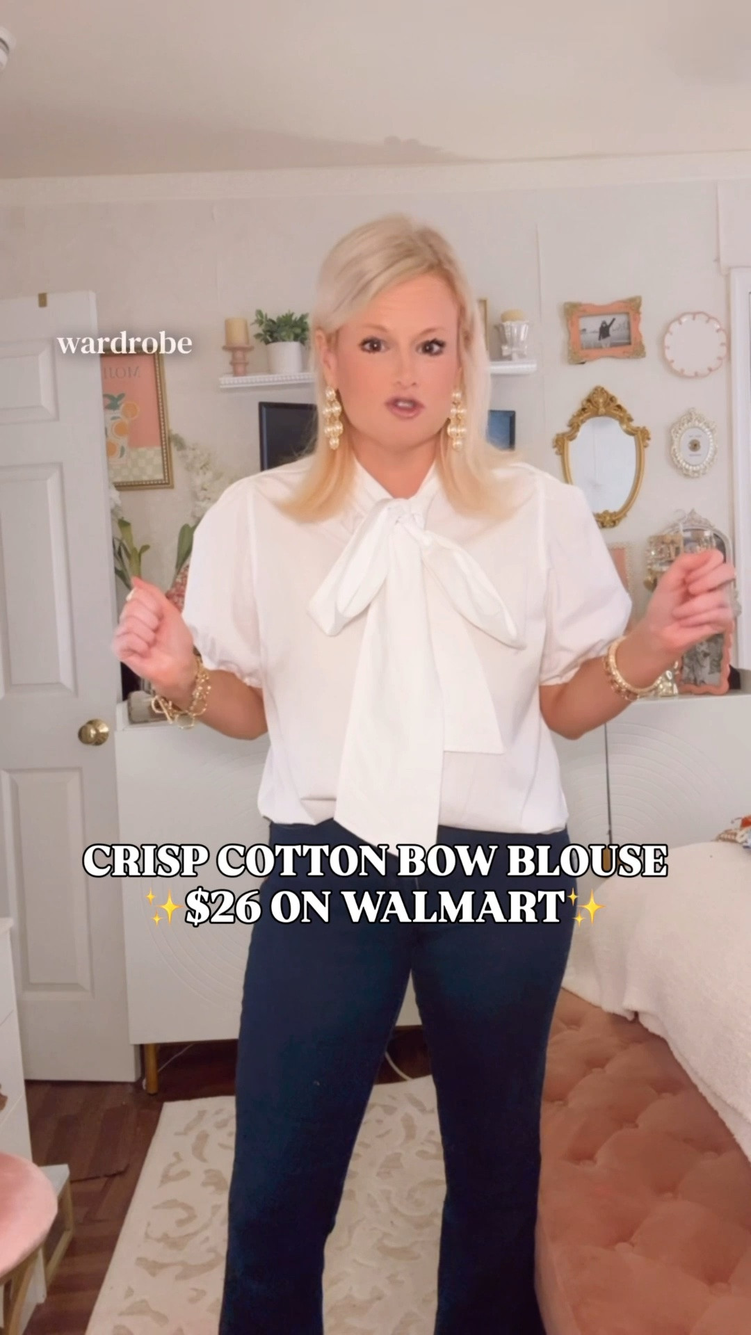 Walmart work blouse | business casual outfit | teacher outfit | cotton bow blouse | Walmart finds

This crisp cotton bow blouse is the Walmart workwear find that makes jeans, trousers, skirts, and work pants look instantly more polished.

It is 100% cotton.. The oversized tie neck, short puff sleeves, button front, curved hem, relaxed fit, and crisp white cotton give it that feminine professional wardrobe look without the department store price.

I’m in a medium.

Wear it with dark denim for casual Friday, trousers for business casual, wide leg pants for the office, a midi skirt for church, or white jeans when you want the outfit to feel feminine but still sharp.

It is also available in a blue stripe. 

This belongs in the rotation for work outfits, teacher outfits, business casual outfits, office outfits, professional wardrobe staples, school events, meetings, church, lunch dates, interviews, and casual Fridays. 

If you love Walmart style, Walmart finds, Free Assembly clothing, cotton blouses, bow blouses, tie neck tops, puff sleeve tops, feminine workwear, teacher style, business casual outfits, and affordable polished basics, this is the Walmart blouse to cart before sizes start moving.

Walmart work blouse, Walmart blouse, Walmart finds, Walmart style, Free Assembly blouse, Free Assembly top, cotton bow blouse, 100 cotton blouse, bow blouse women, tie neck blouse, white work blouse, puff sleeve blouse, button front blouse, work outfit, work outfits women, teacher outfit, teacher outfits women, business casual outfit, office outfit, professional wardrobe, feminine workwear, casual Friday outfit, polished blouse, Walmart fashion finds, designer look for less

#LTKFindsUnder50 #LTKFindsUnder100 #PreppyStyle #LookForLess #WorkOutfit #TeacherOutfit

#LTKSeasonal #LTKWorkwear #LTKOver40