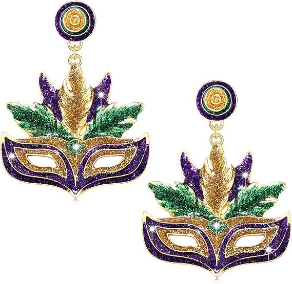 Mardi Gras Earrings for Women, Glitter Crown Mask Fleur De Lis Earrings for Fat Tuesday Celebrati... | Amazon (US)