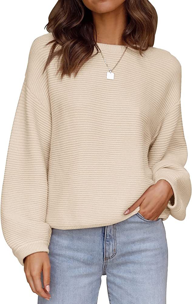 ZESICA Women's 2023 Crew Neck Long Lantern Sleeve Casual Loose Ribbed Knit Solid Soft Pullover Sweat | Amazon (US)