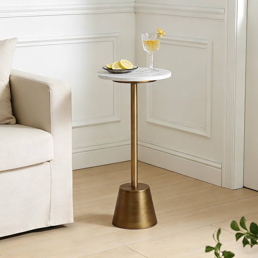 Aoligrace White Marble Pedestal Side Table, Round End Table with Antique Base for Couch, Small Dr... | Amazon (US)