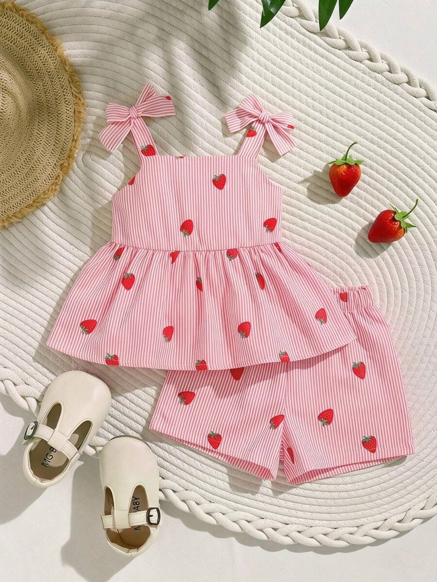 SHEIN Vintaside Kids 2pcs Baby Girl Toddler Newborn 0-3Y Pink Striped Bow Decor Camisole Top And ... | SHEIN