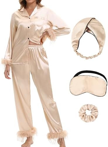 MORFORU Satin Pajama Set for Women Feather Trim Long Sleeve Pjs with Sleep Mask Headband Scrunchi... | Amazon (US)