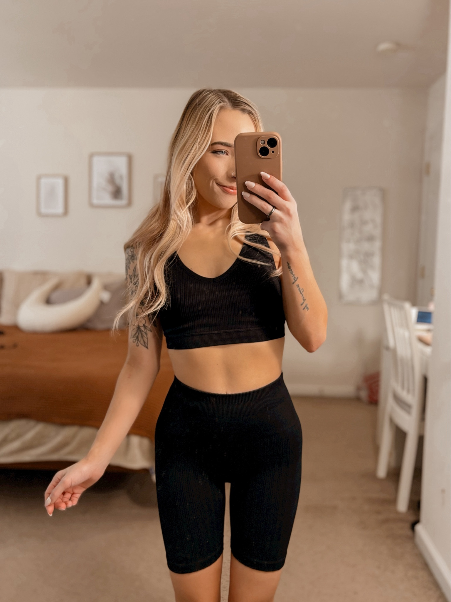 Black seamless leggings, black seamless bralette, black seamless bike shorts 

#LTKfitness #LTKstyletip #LTKfindsunder50