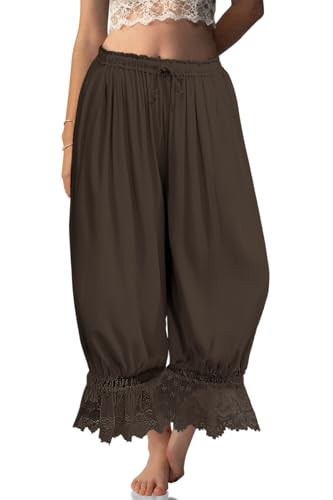 TARSE Womens Linen Lace Trim Long Bloomers Pants with Pocket | Amazon (US)